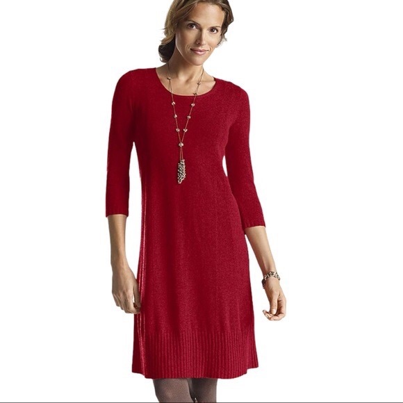 PRICE FIRM J. Jill Red Ribbed Size Medium Petite Border Wool/Viscose Blend Dress - Picture 2 of 6